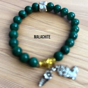 Green and Gold Malachite Beaded Bracelet with Charm